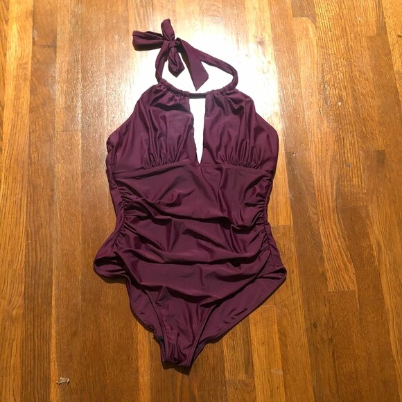 Vintage-Inspired Plum Halter One-Piece Swimsuit – Ruched Front - Picture 1 of 5